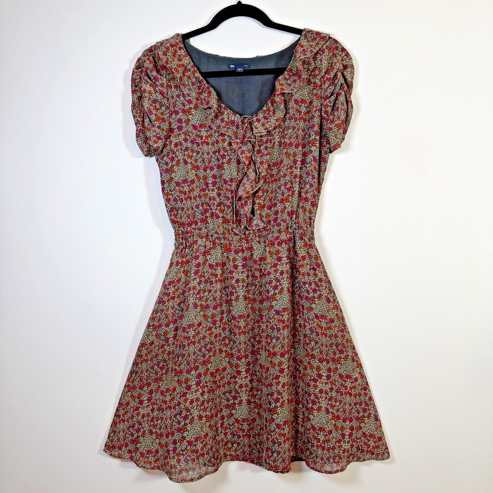 Gap Floral Puff Sleeve Fit & Flare Dress Gray Pink Orange Ruffle Cottagecore S